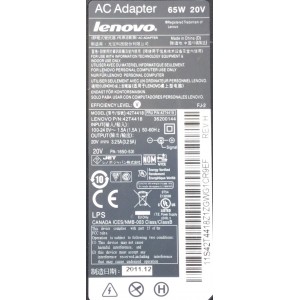 CARGADOR / ADAPTADOR DE FUENTE DE ALIMENTACION LENOVO / NUMERO DE PARTE 42T4418 / 36200144 / PA-1650-53I / 42T4419 / ENTRADA VCA 100-240V~1.5A(1,5A) / 50-60HZ / 65W / 20V / SALIDA VCD 20V⎓3.25A(3,25A) / MODELO 42T4418